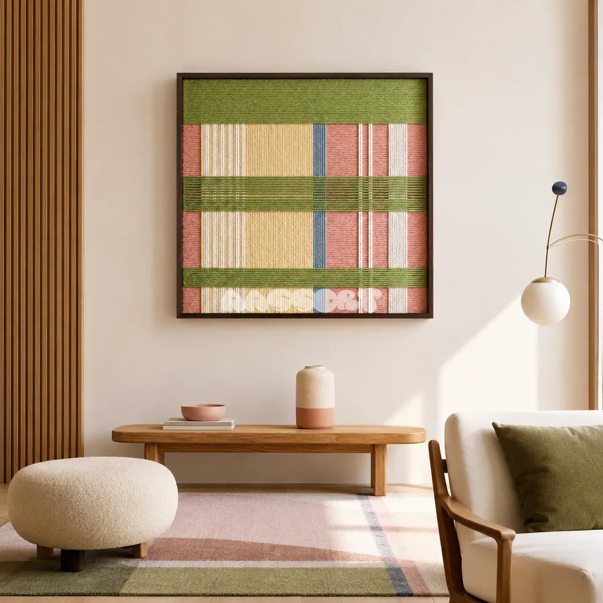 Pastoral Lullaby SQ104 colorful geometric yarn art with soft pastoral tones in a sleek dark frame.