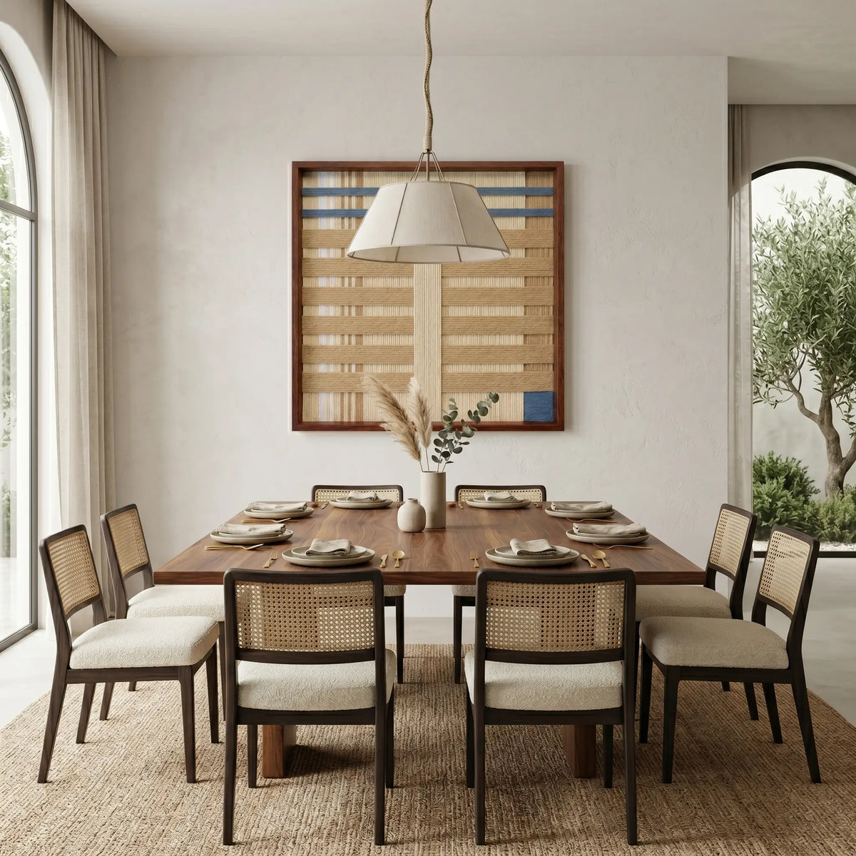 Breathing Shallows SQ105 beige and blue textile wall art displayed above a wooden dining table.