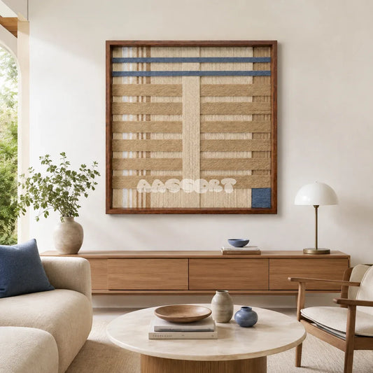 Breathing Shallows SQ105 framed textile art with cream, white, sand, taupe, and slate blue geometric yarn.
