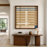 Breathing Shallows SQ105 framed fiber artwork featuring an interlaced neutral grid with slate blue accents.