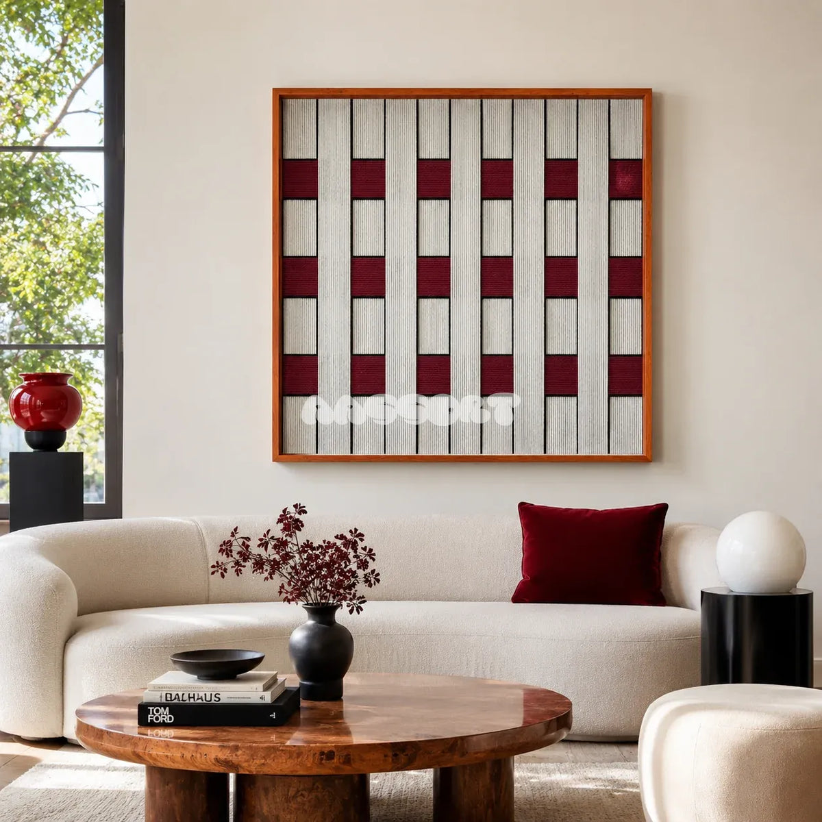 Ruby Lattice SQ106 framed textile art with deep ruby red, crisp white, and black interwoven yarn.