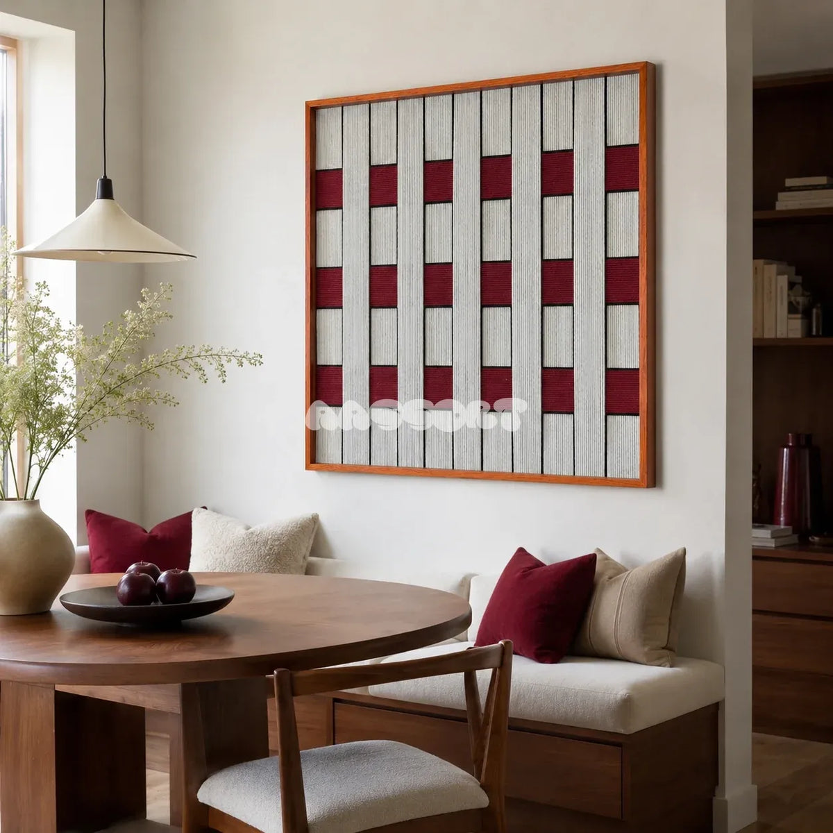 Ruby Lattice SQ106 abstract textile artwork with deep red lattice blocks and crisp contrasting yarn lines.
