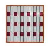 Front view of Ruby Lattice SQ106 gray and burgundy checkerboard yarn wall art in a frame on a white background.