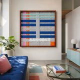 Silent Dopamine SQ108 abstract textile artwork with colorful geometric lines and a bright orange square accent.