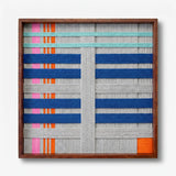 Front view of Silent Dopamine SQ108 blue and orange geometric yarn wall art in a frame on a white background.