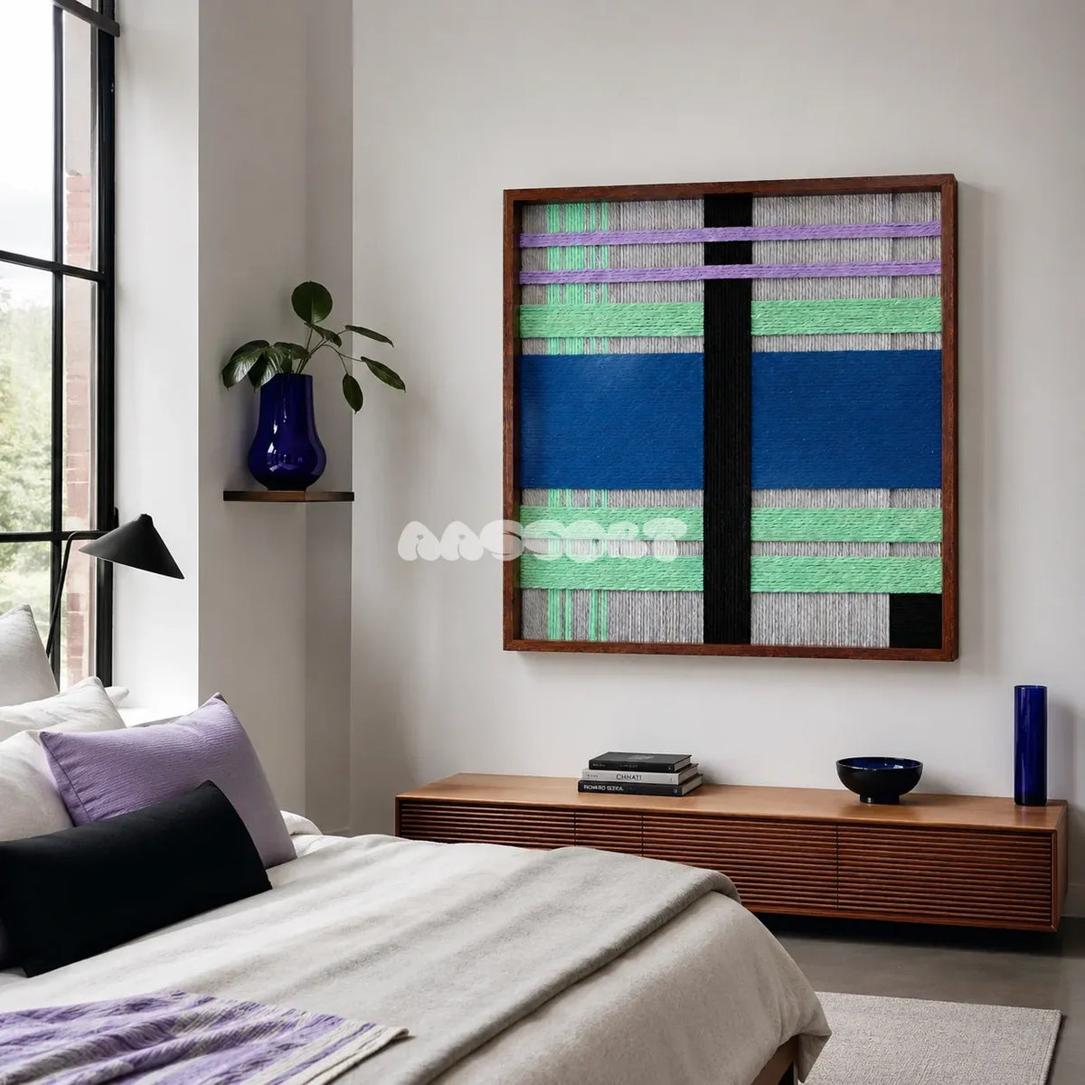Winter Aurora SQ112 modern geometric yarn wall art in a sleek framed presentation.