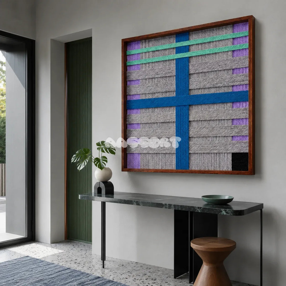 Cobalt Window SQ113 framed fiber artwork featuring a bold cobalt cross with mint and purple accents.