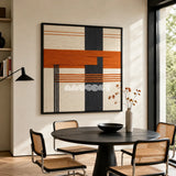 Terracotta Dusk SQ114 abstract textile artwork with a charcoal pillar and burnt orange horizontal band.
