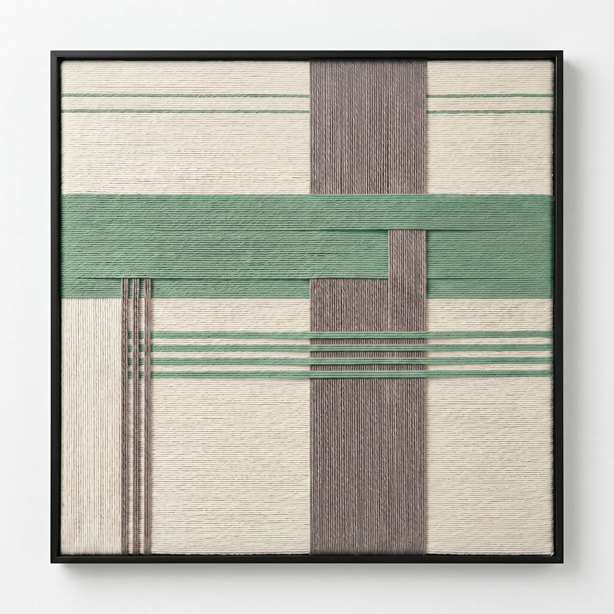 Front view of Muted Spring SQ115 sage, gray, and cream yarn wall art in a black frame on a white background.