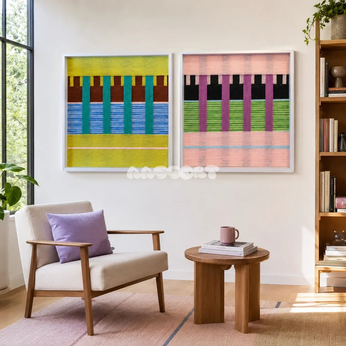 Woodland Mirror SQ116 modern geometric landscape yarn wall art in a sleek framed presentation.