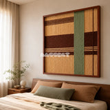 Cedar and Sage SQ119 earthy geometric fiber artwork displayed in a serene contemporary home interior.