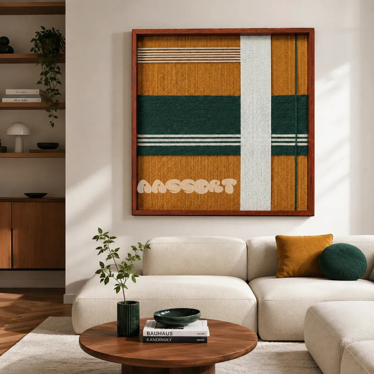 Amber Pine SQ120 modern fiber wall art with rich amber, forest green, and white geometric details.