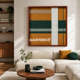 Amber Pine SQ120 modern fiber wall art with rich amber, forest green, and white geometric details.
