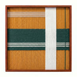 Front view of Amber Pine SQ120 golden amber, deep pine green, and white yarn wall art in a brown frame.