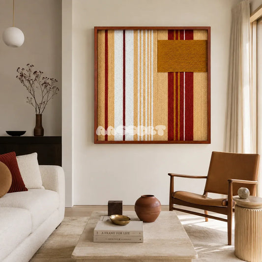 Carmine Pulse SQ121 framed textile art with carmine red and white stripes, sandy beige, and a mustard yellow block.