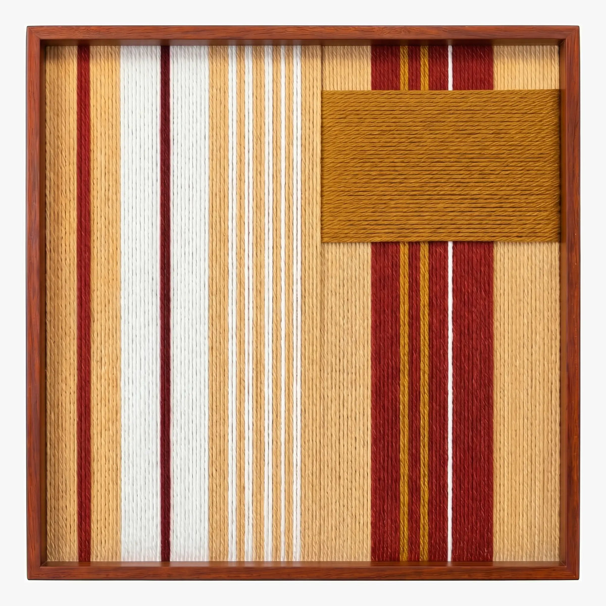 Front view of Carmine Pulse SQ121 red, white, beige, and mustard geometric yarn wall art in a frame.