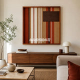 Mocha Prelude SQ124 framed textile art with mocha brown, terracotta, sandy beige, and cream geometric yarn.