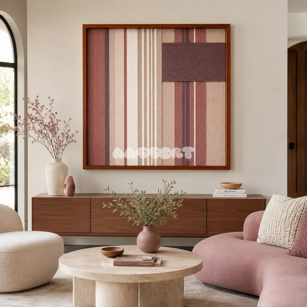 Midnight Plum SQ125 framed textile art with dusty plum, soft mauve, sandy beige, and cream geometric yarn.