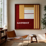Crimson Daybreak SQ127 energetic Bauhaus-inspired fiber artwork displayed in a warm contemporary home interior.