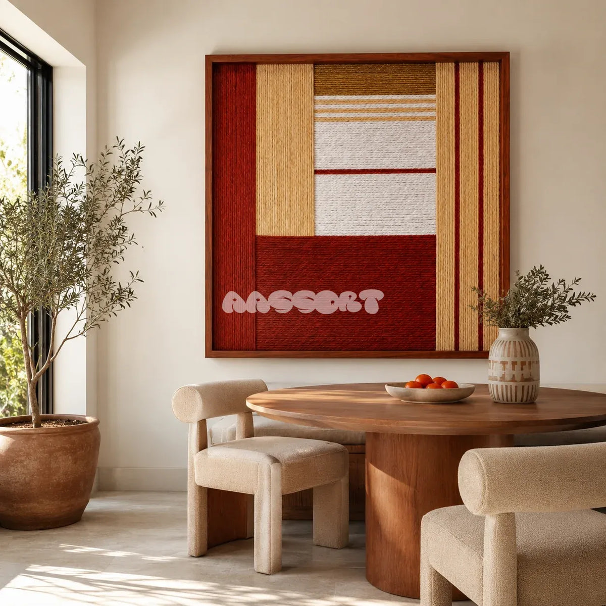 Crimson Daybreak SQ127 framed yarn wall art featuring asymmetric crimson blocks, white bands, and mustard accents.