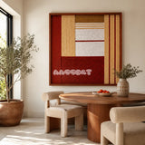 Crimson Daybreak SQ127 framed yarn wall art featuring asymmetric crimson blocks, white bands, and mustard accents.