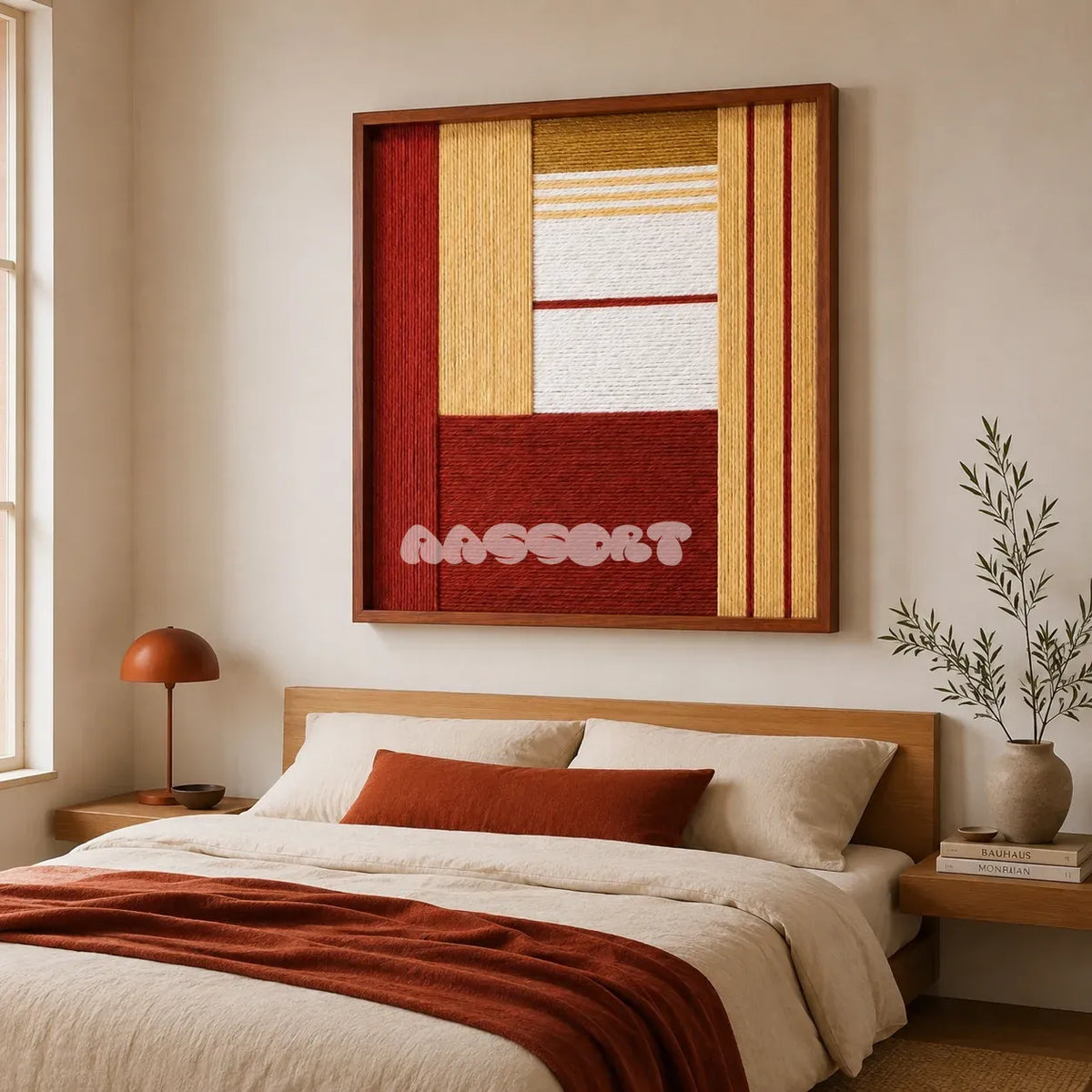 Crimson Daybreak SQ127 mid-century textile artwork displayed as a bold modern interior statement piece.