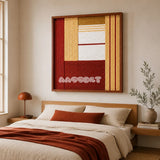 Crimson Daybreak SQ127 mid-century textile artwork displayed as a bold modern interior statement piece.