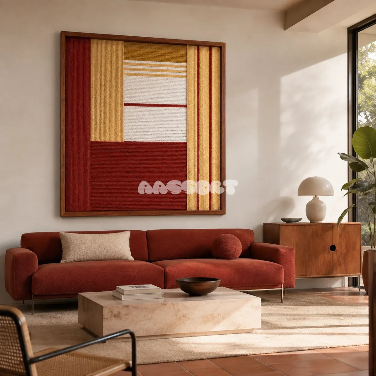 Crimson Daybreak SQ127 abstract fiber wall art with crimson red, golden beige, white, and mustard geometry.