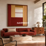 Crimson Daybreak SQ127 abstract fiber wall art with crimson red, golden beige, white, and mustard geometry.