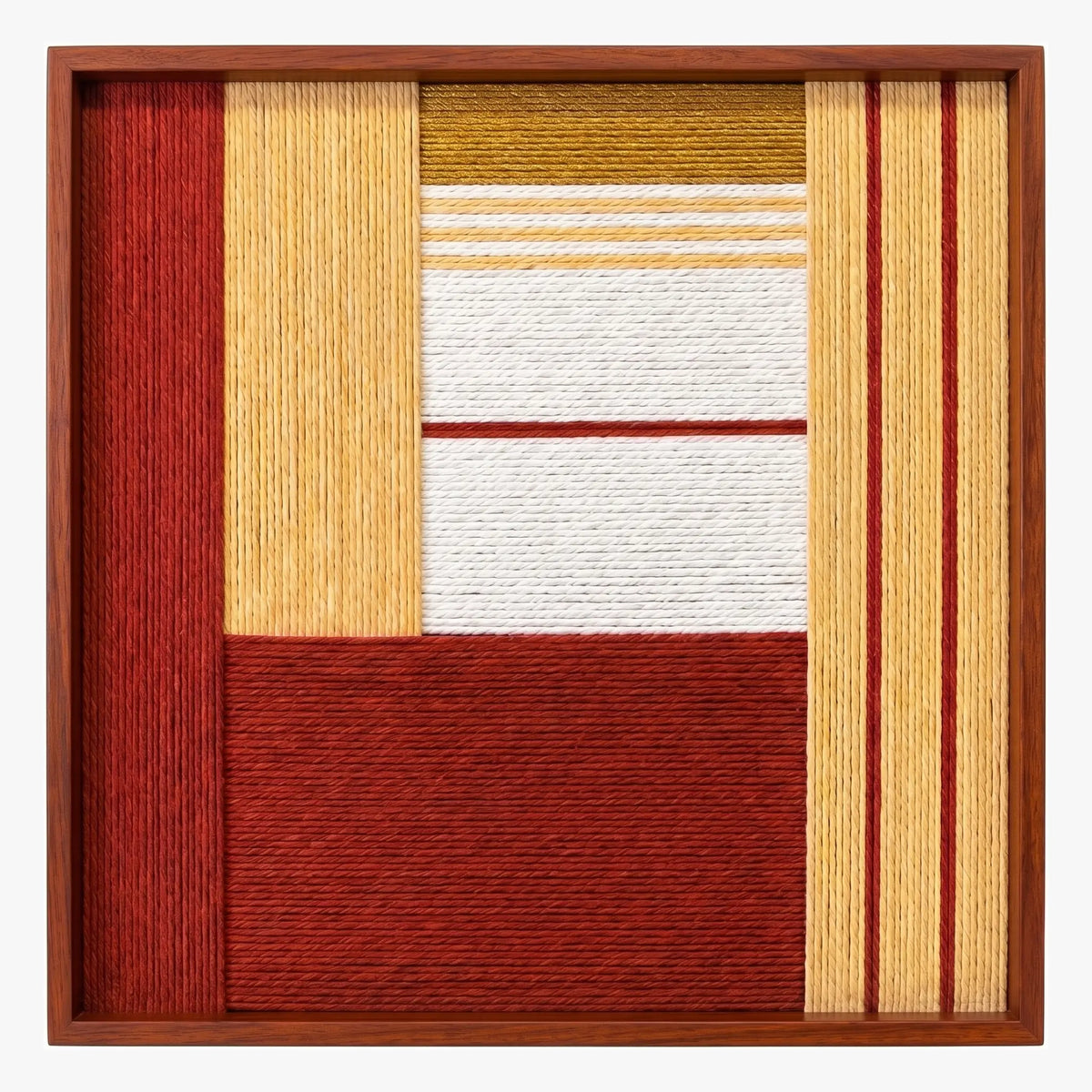 Front view of Crimson Daybreak SQ127 crimson, mustard, beige, and white geometric yarn wall art in a wood frame.