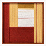 Front view of Crimson Daybreak SQ127 crimson, mustard, beige, and white geometric yarn wall art in a wood frame.