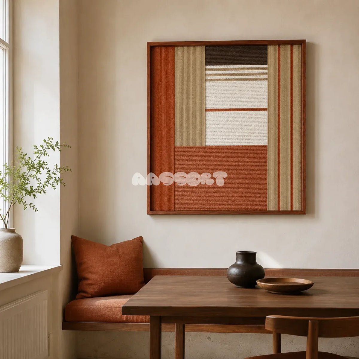 Terracotta Haven SQ132 architectural fiber wall art with terracotta, sandy beige, white, and dark brown geometry.