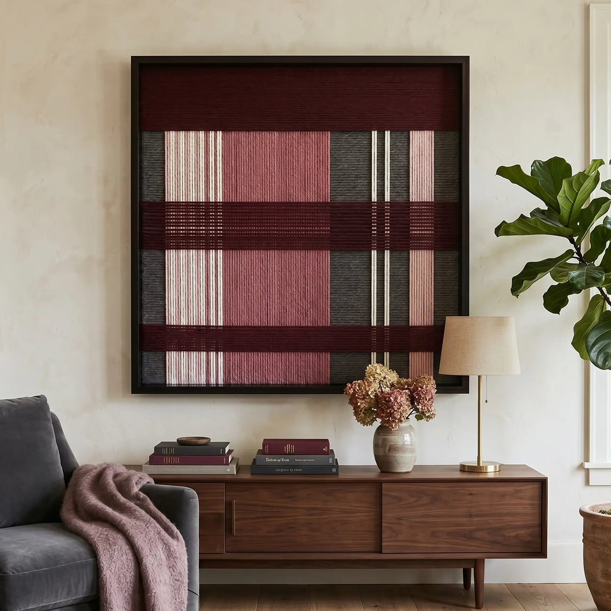 Merlot Veil SQ133 textile wall art displayed above a mid-century wood credenza beside a grey sofa with a mauve throw.