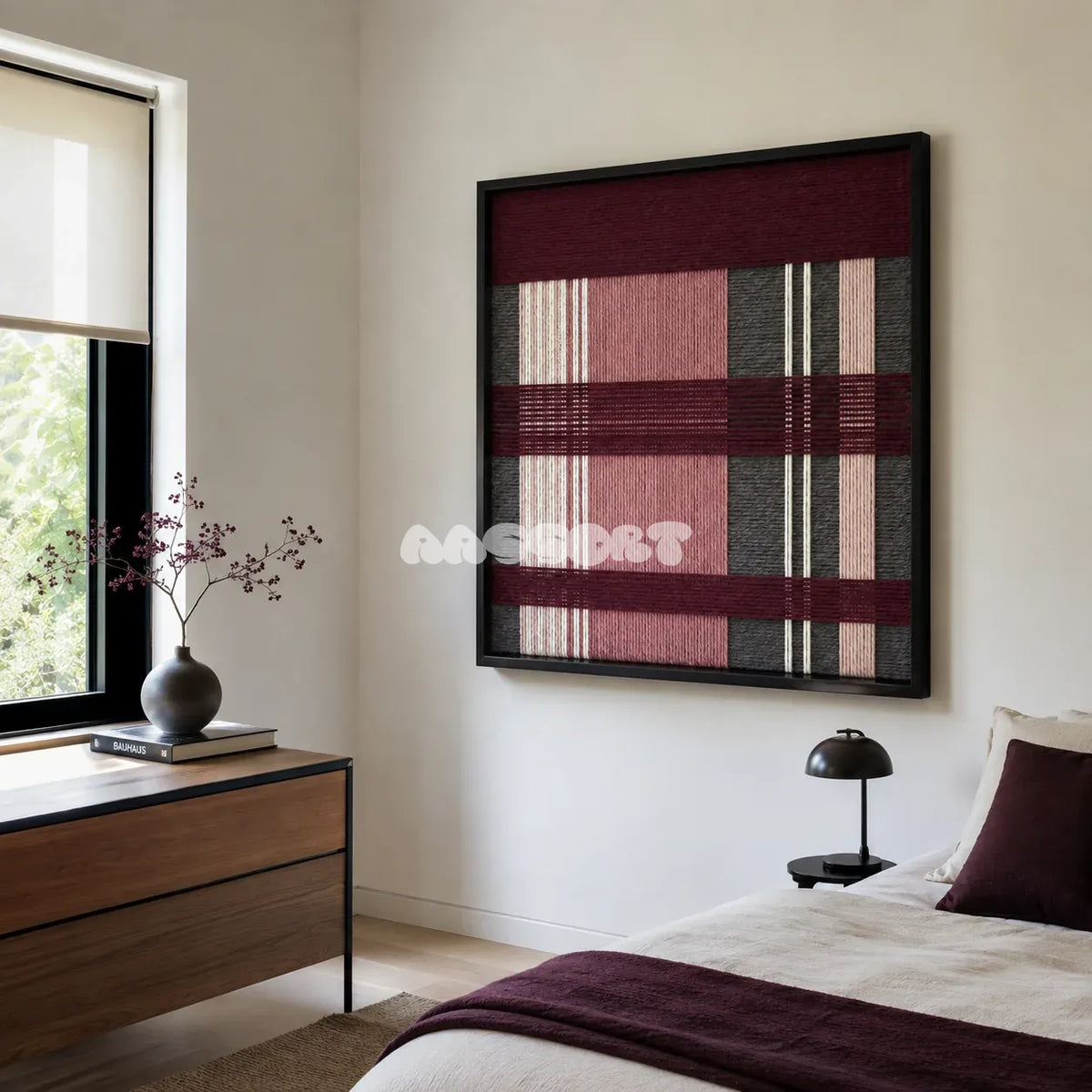Merlot Veil SQ133 contemporary fiber wall art with burgundy, dusty pink, charcoal grey, and crisp white geometry.