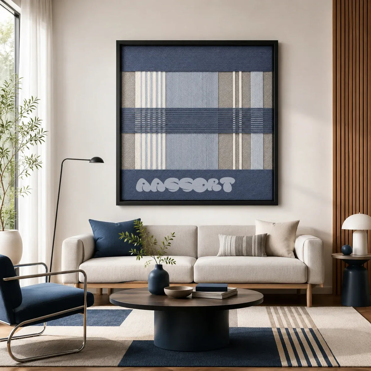 Foggy Pier SQ135 framed textile art with slate blue, soft grey, light sky blue, and crisp white geometric yarn.