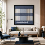 Foggy Pier SQ135 framed textile art with slate blue, soft grey, light sky blue, and crisp white geometric yarn.