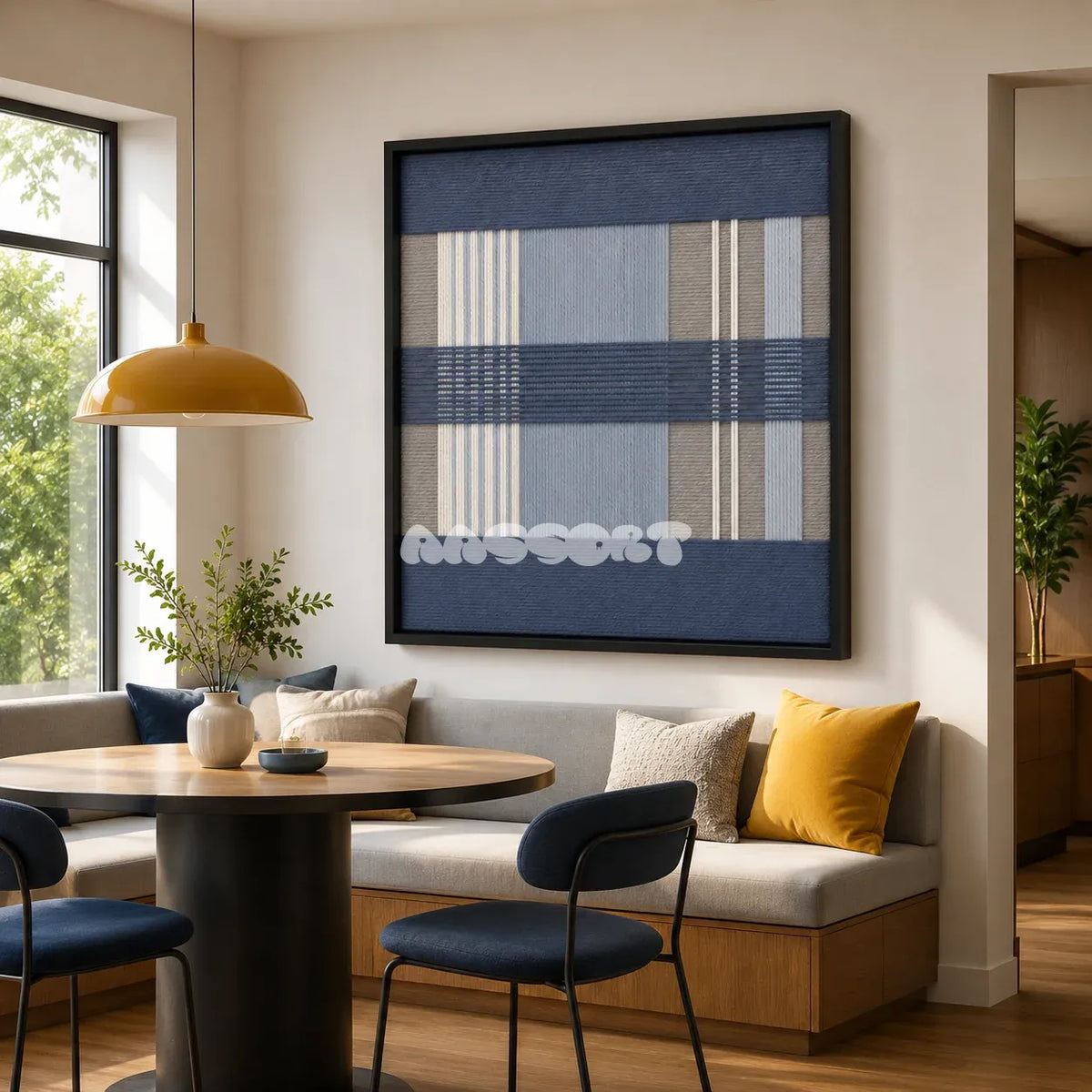 Foggy Pier SQ135 serene coastal fiber artwork displayed in a calming contemporary home interior.