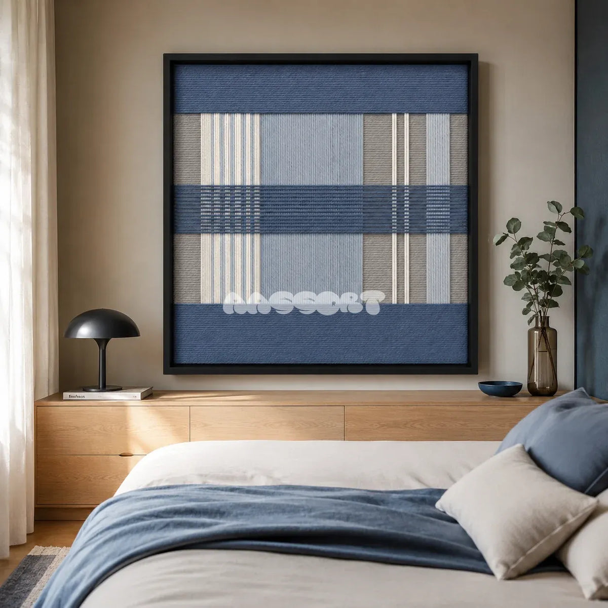 Foggy Pier SQ135 framed yarn wall art featuring slate blue horizontal bands over grey, sky blue, and white stripes.