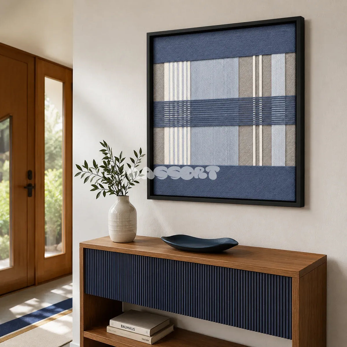 Foggy Pier SQ135 nautical textile artwork displayed as a tranquil modern interior statement piece.
