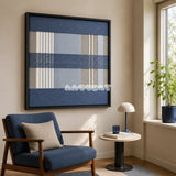 Foggy Pier SQ135 contemporary fiber wall art with slate blue, soft grey, sky blue, and white geometry.