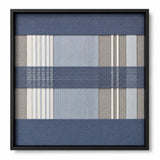 Front view of Foggy Pier SQ135 blue, grey, sky blue, and cream geometric yarn wall art in a black frame.
