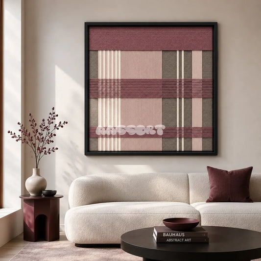 Nostalgic Bloom SQ136 framed textile art with dusty rose, soft blush, warm taupe, and crisp cream geometric yarn.