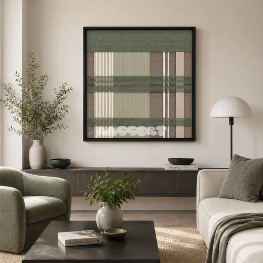 Celadon Mist SQ137 framed textile art with celadon green, warm taupe, soft beige, and crisp white geometric yarn.