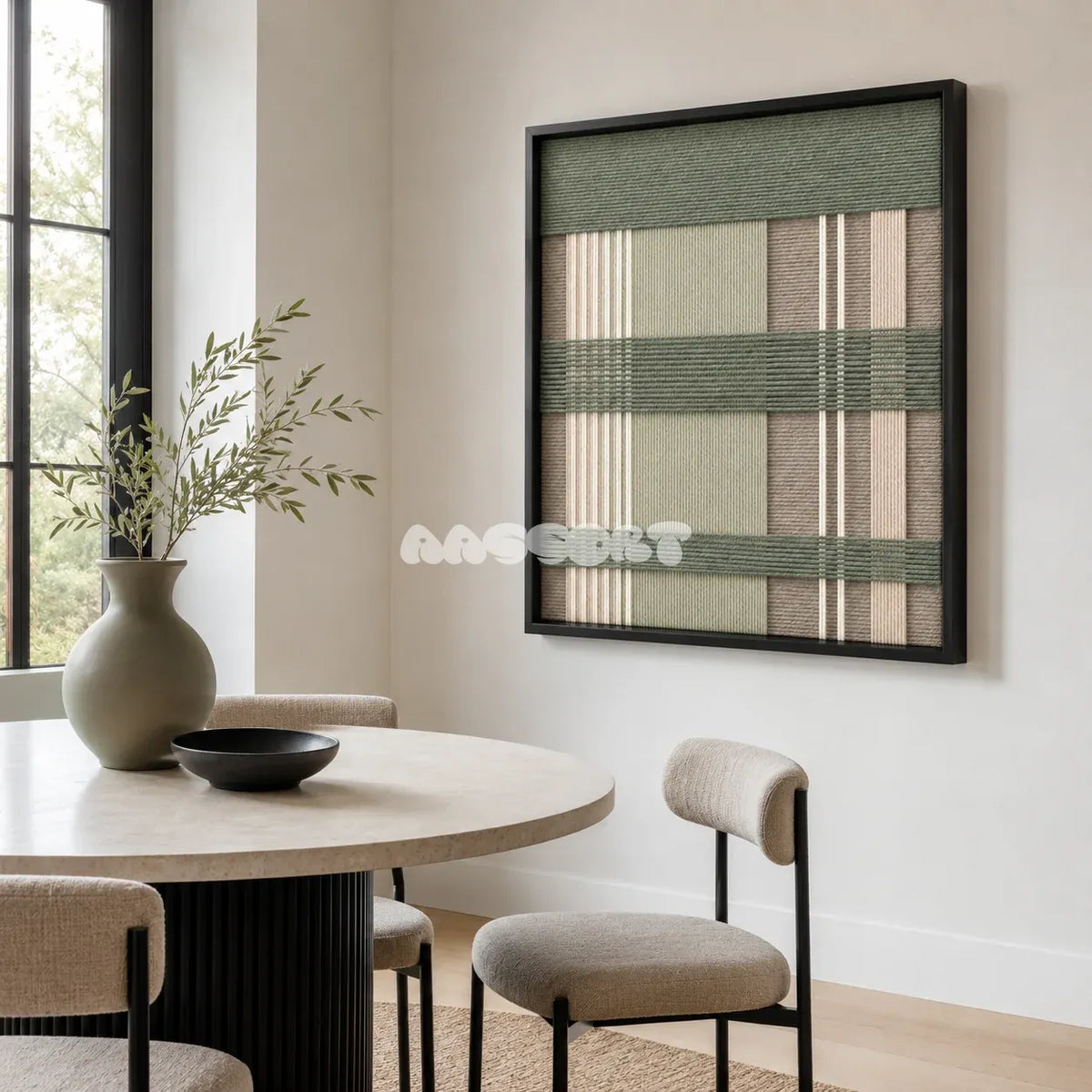 Celadon Mist SQ137 framed yarn wall art featuring green horizontal bands over beige, taupe, and white stripes.