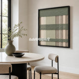 Celadon Mist SQ137 framed yarn wall art featuring green horizontal bands over beige, taupe, and white stripes.