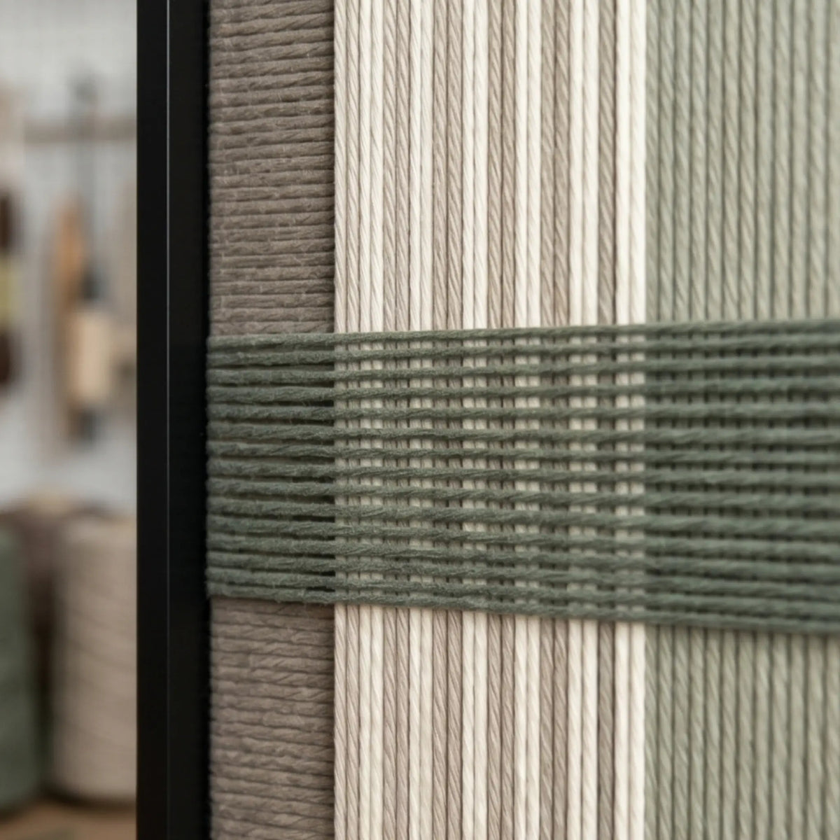 Close-up of Celadon Mist SQ137 showing textured celadon green yarn crossing cream, beige, and taupe vertical stripes.