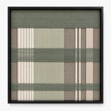Front view of Celadon Mist SQ137 green, beige, taupe, and cream geometric yarn wall art in a black frame.