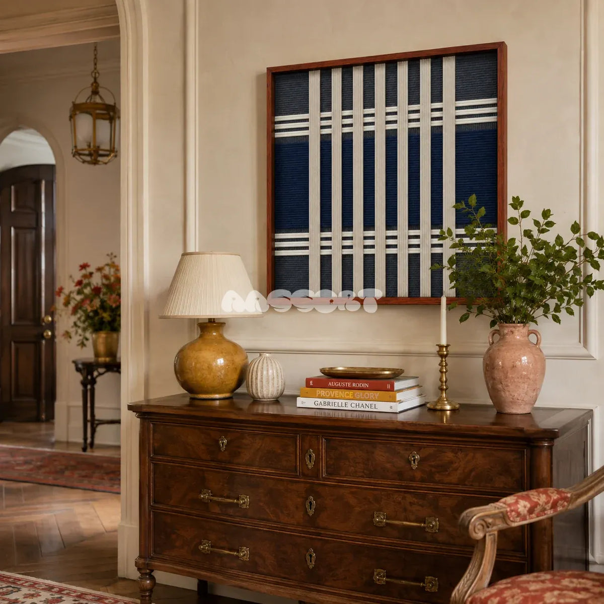 Polar Meridian SQ139 framed yarn wall art featuring six cream vertical pillars over navy and slate grey bands.