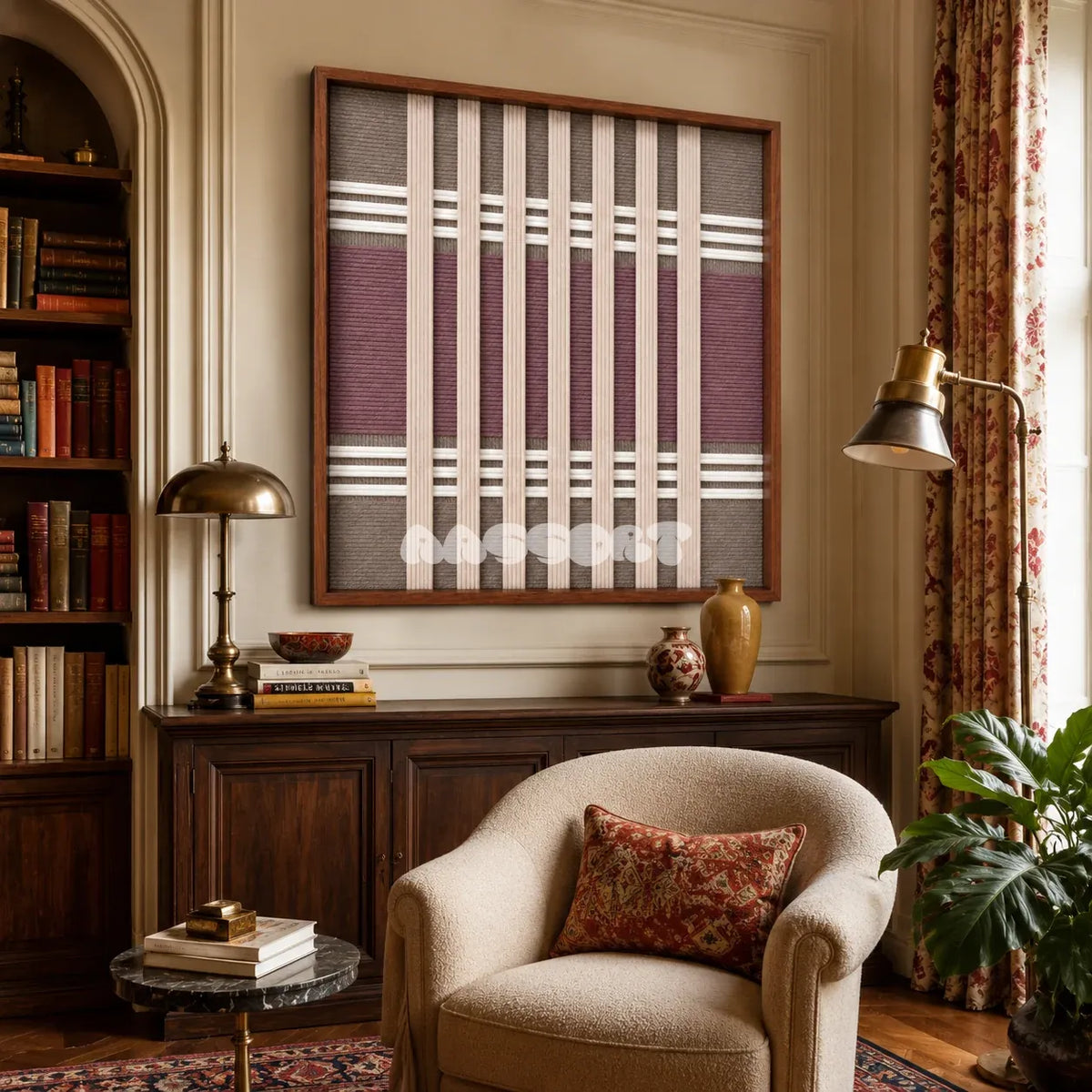 Dusty Tones SQ140 sophisticated architectural fiber artwork displayed in a serene contemporary home interior.