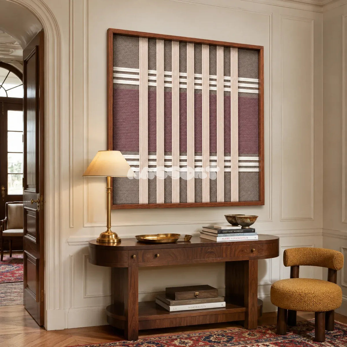 Dusty Tones SQ140 framed yarn wall art featuring cream and taupe vertical pillars over dusty mauve horizontal bands.